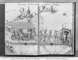 Mina de plata de La Croix-aux-Mines, Lorena, fol.8v y fol.9r, mineros entrando en la mina, c.1530